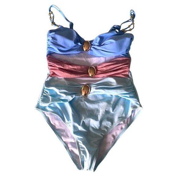 Elegant Blue and Pink One-Piece Swimsuit with Wrapped Bodice - Picture 1 of 4